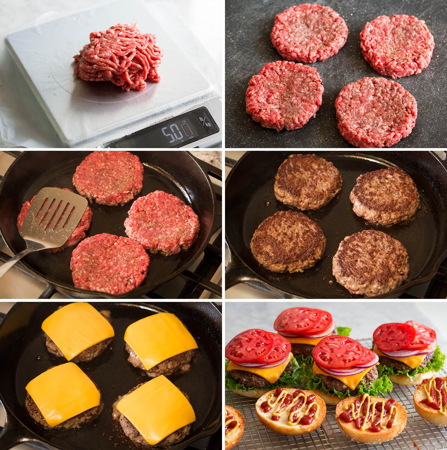 Hamburgers Shaping hamburger patties, cooking on stove, then assembling with bun and toppings.