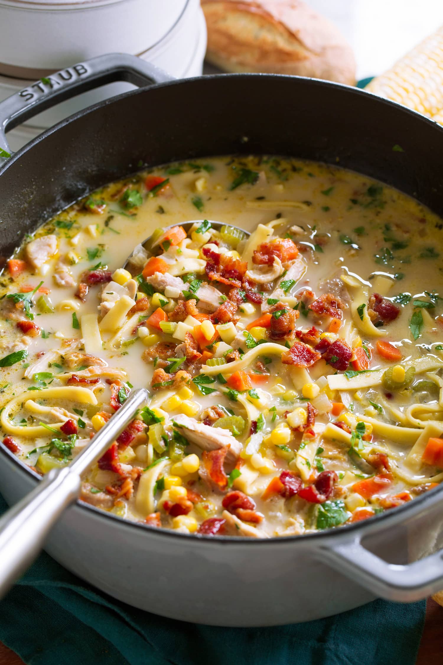 Chicken Corn Soup Close up picture of chicken noodle corn soup.