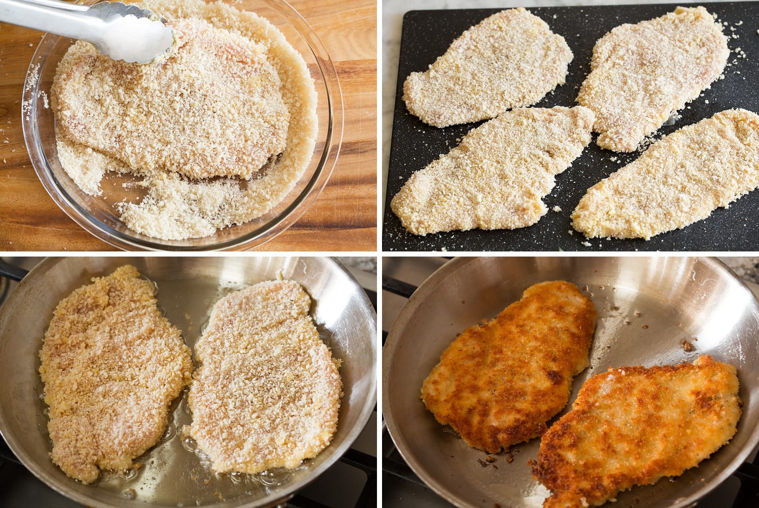 Frying chicken schnitzel in a skillet.