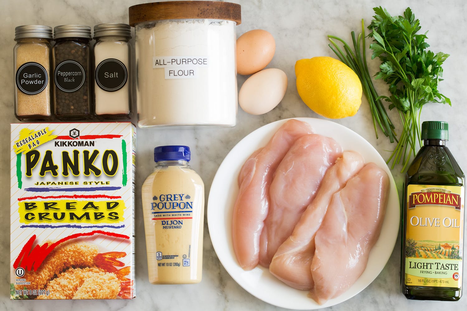 Ingredients needed for chicken schnitzel.