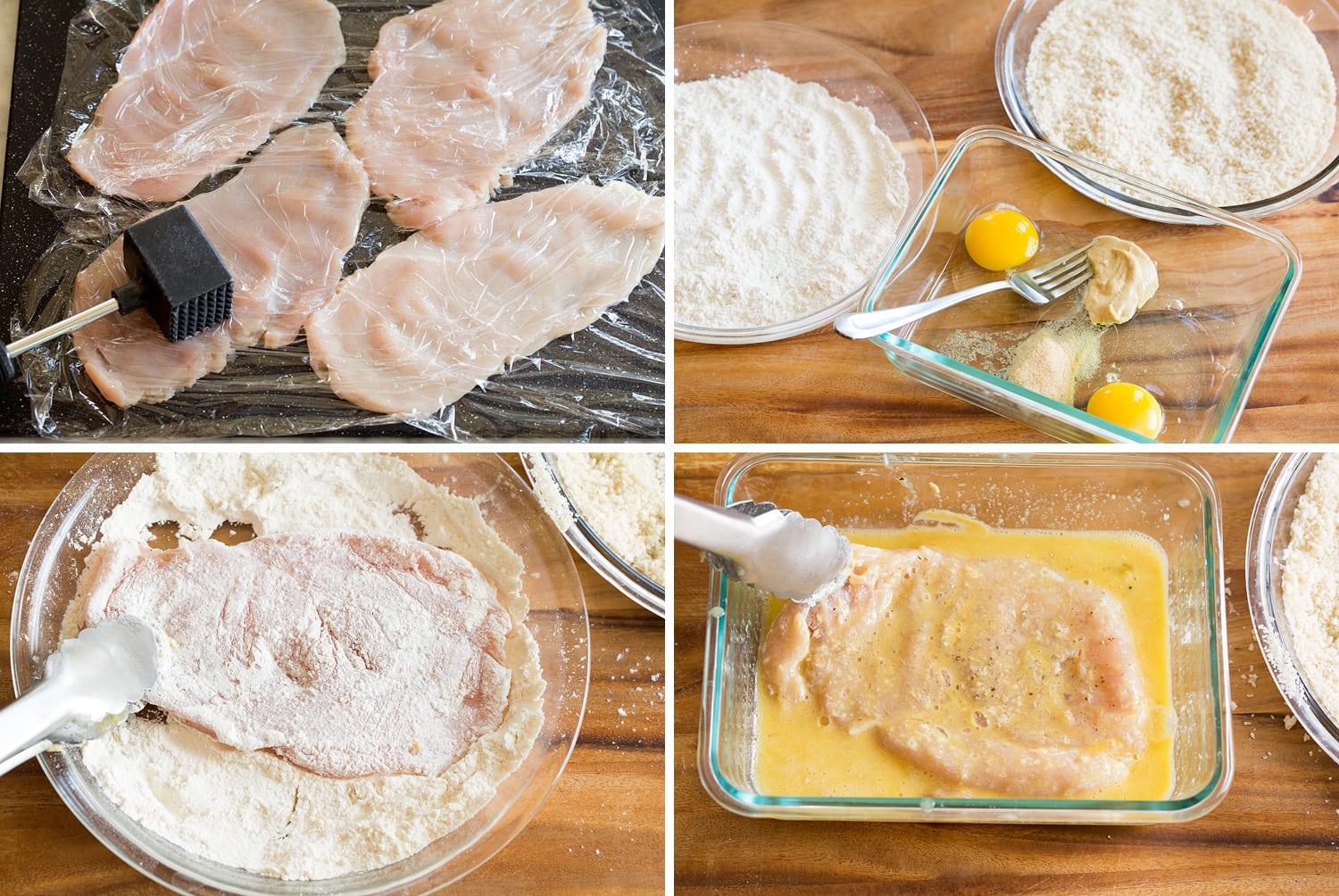 Steps showing how to bread chicken schnitzel.