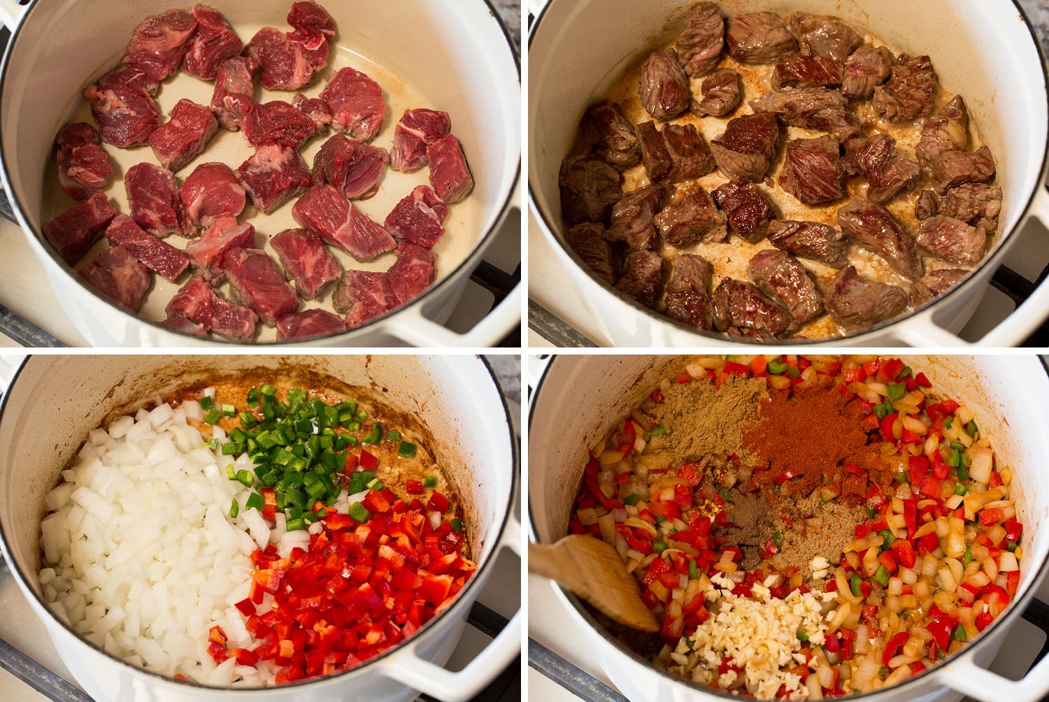 Chili con Carne Browning beef and sautéing vegetables for chili.