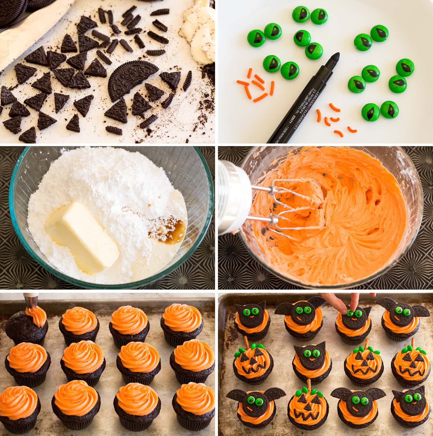 Halloween Cupcakes Steps of making oreo and mm decoration for cupcakes, frosting and decorating.