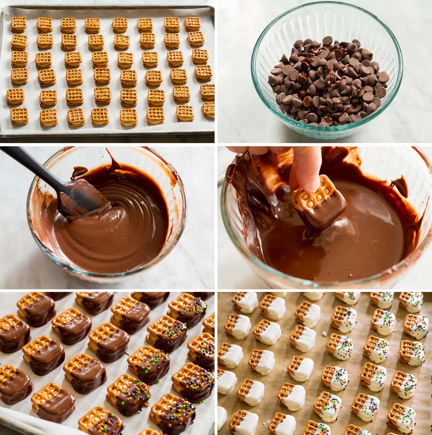 Peanut Butter Pretzel Bites Dipping peanut butter filled pretzels in chocolate.