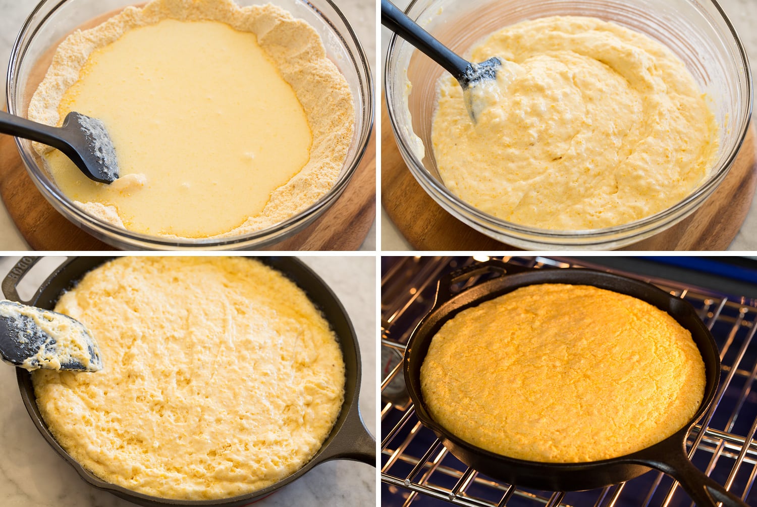 Baking cornbread in a skillet.