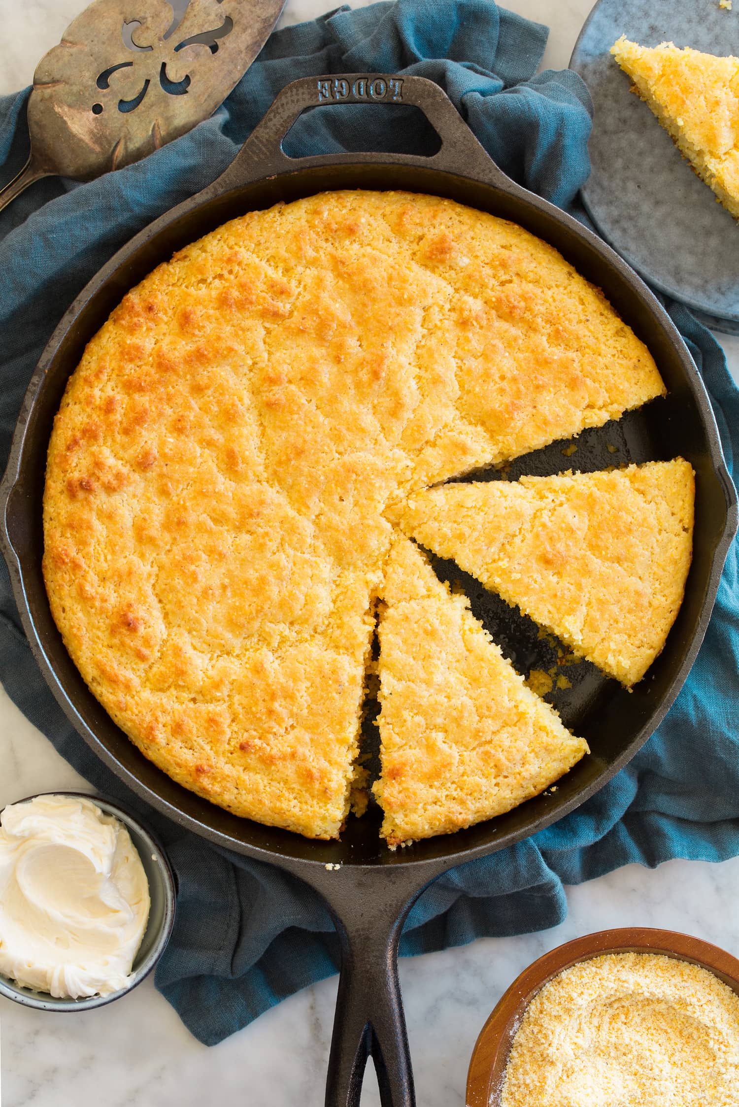 Overhead photo of cornbread in a cast iron skillet.