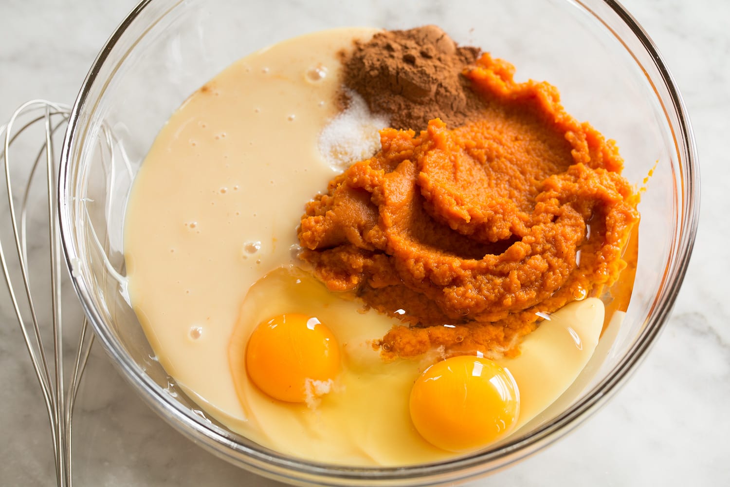 Pumpkin pie filling ingredients before mixing.