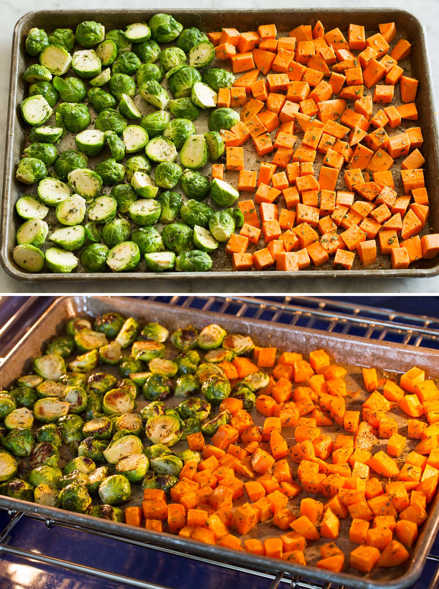 Harvest Bowl Roasting diced sweet potatoes and brussels sprouts halves.
