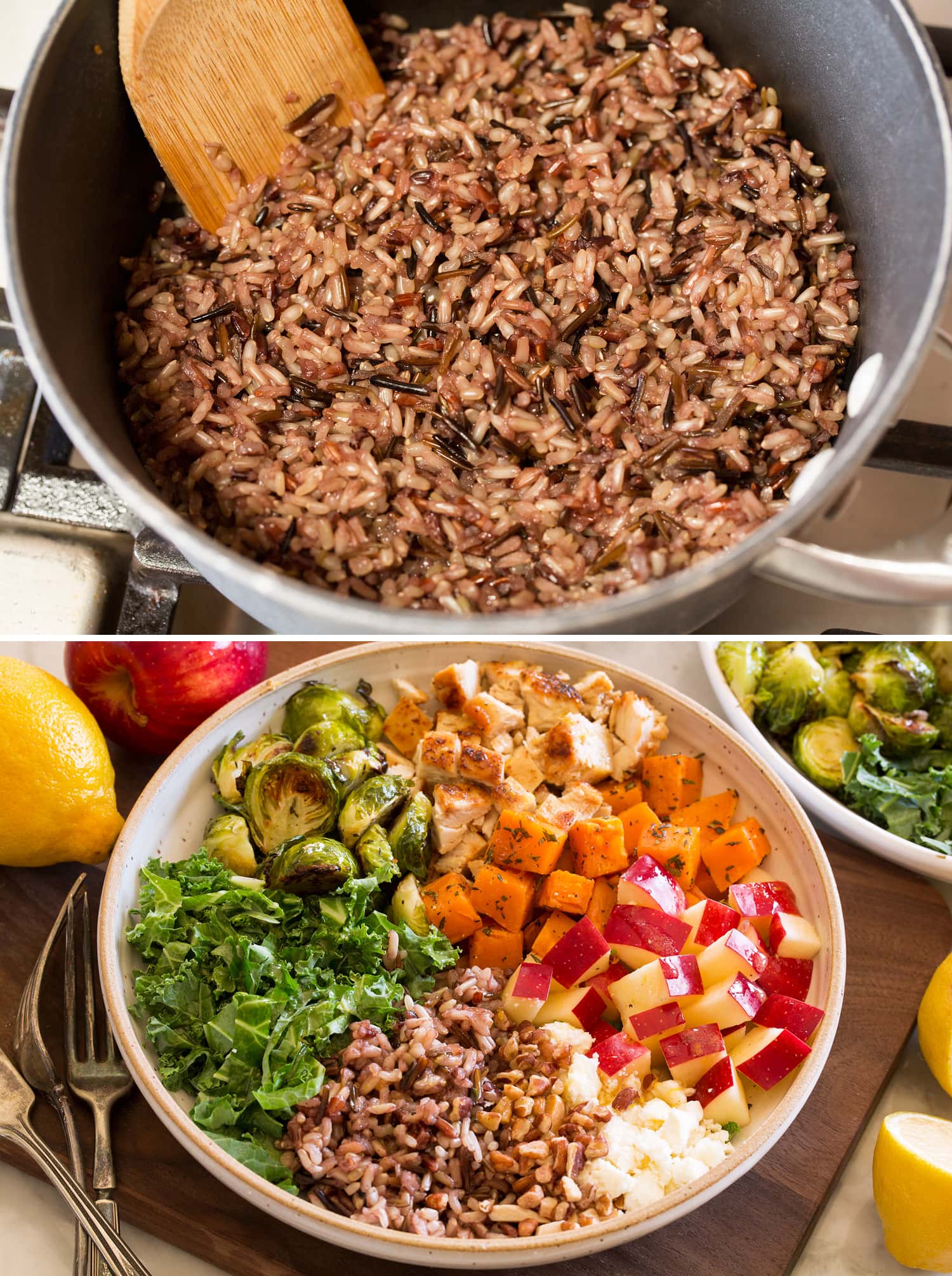 Harvest Bowl Cooked wild rice and completed harvest bowl.