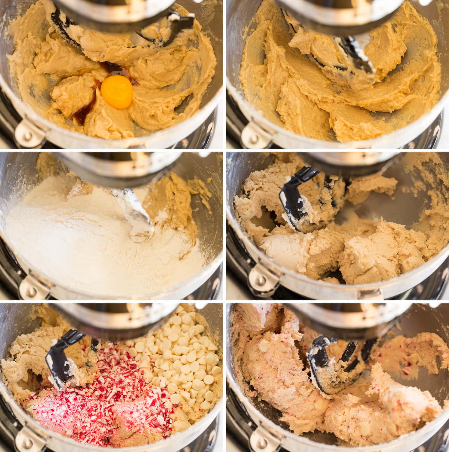 Peppermint White Chocolate Chip Cookies Blending eggs, flour, crushed candy canes and white chocolate chips into cookie dough.