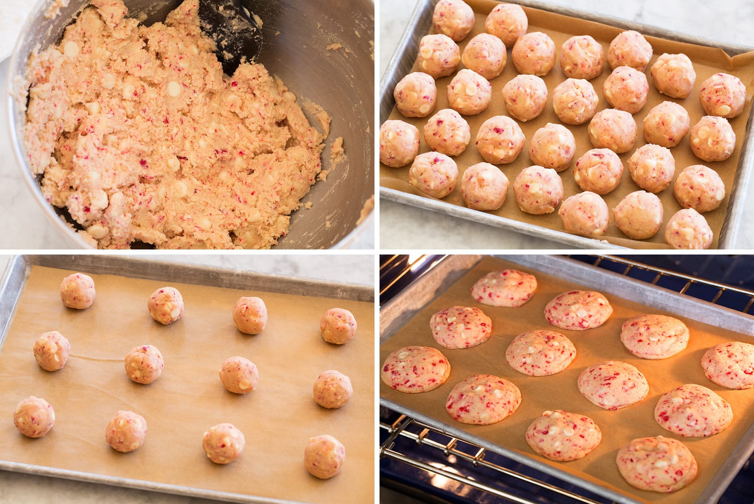 Peppermint White Chocolate Chip Cookies Shaping cookie dough and bakimg.