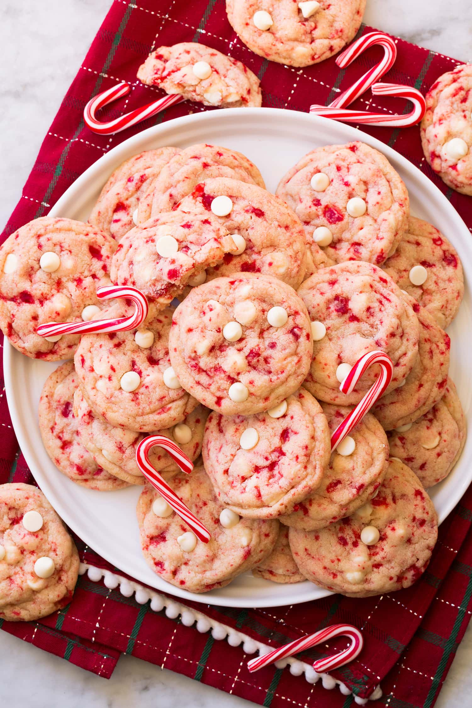 Peppermint White Chocolate Chip Cookies Overhead photo of peppermint white chocolate chip cookies.