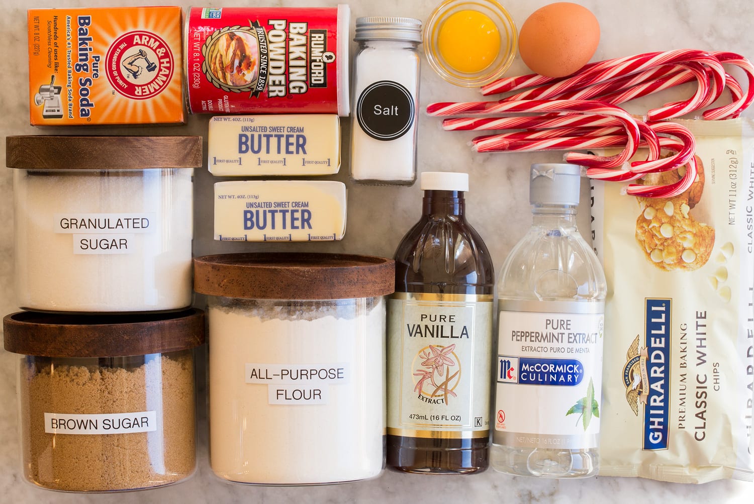 Peppermint White Chocolate Chip Cookies Ingredients needed to make peppermint cookies.