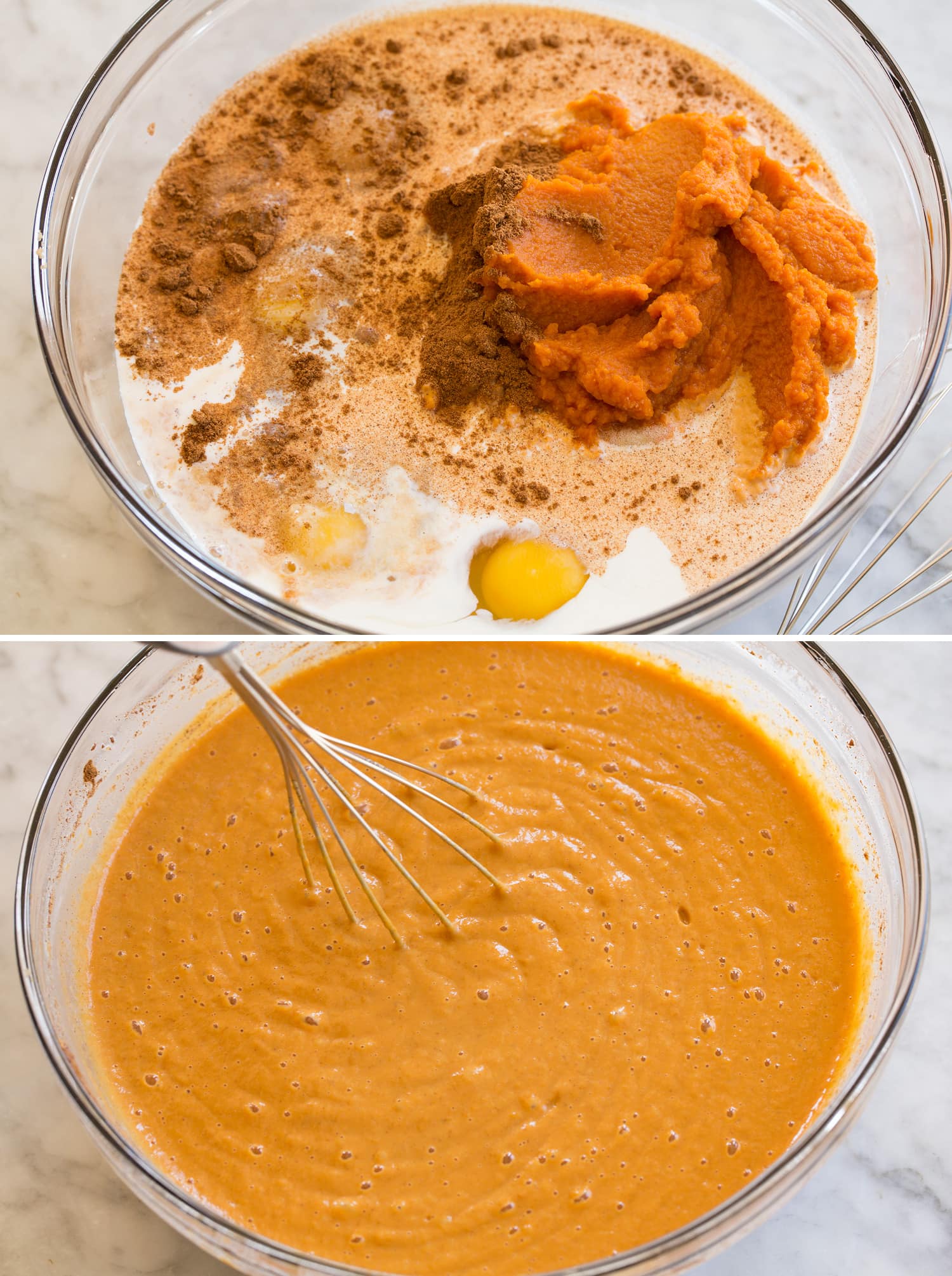Mixing pumpkin pie filling for dump cake.