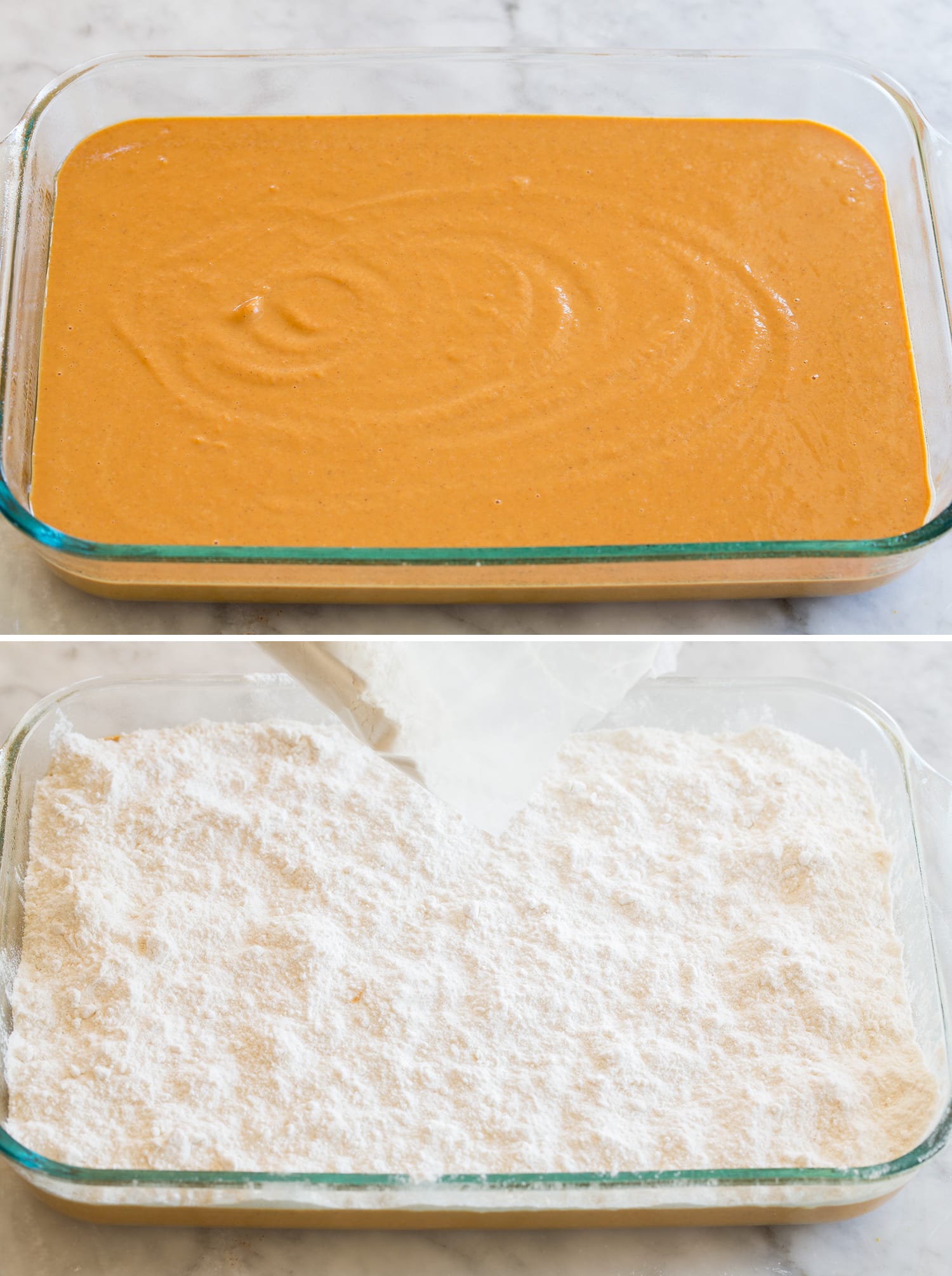 Layering dump cake in baking dish.