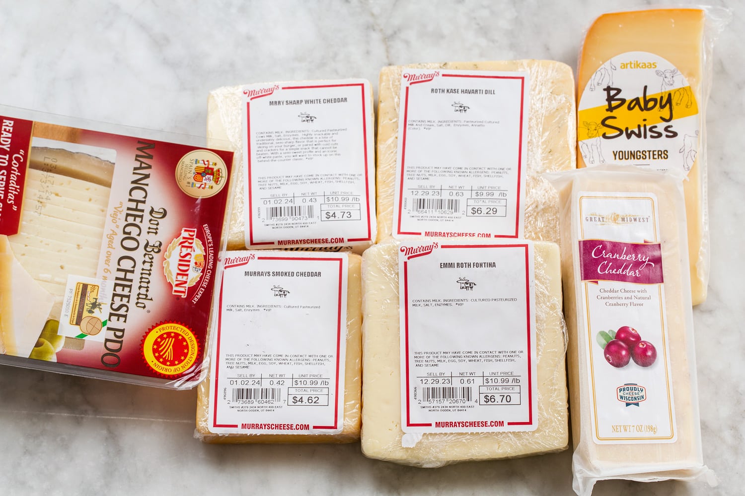 Christmas Tree Charcuterie Board White cheeses used for charcuterie board.