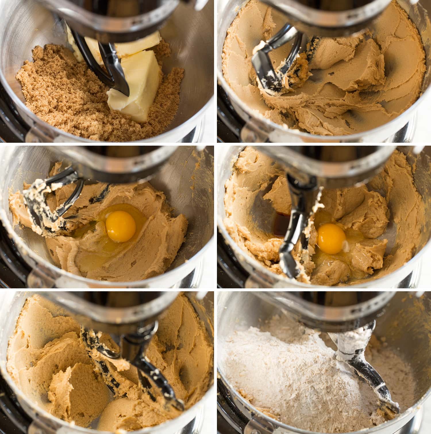 Steps for making iced oatmeal cookie dough in a stand mixer bowl.