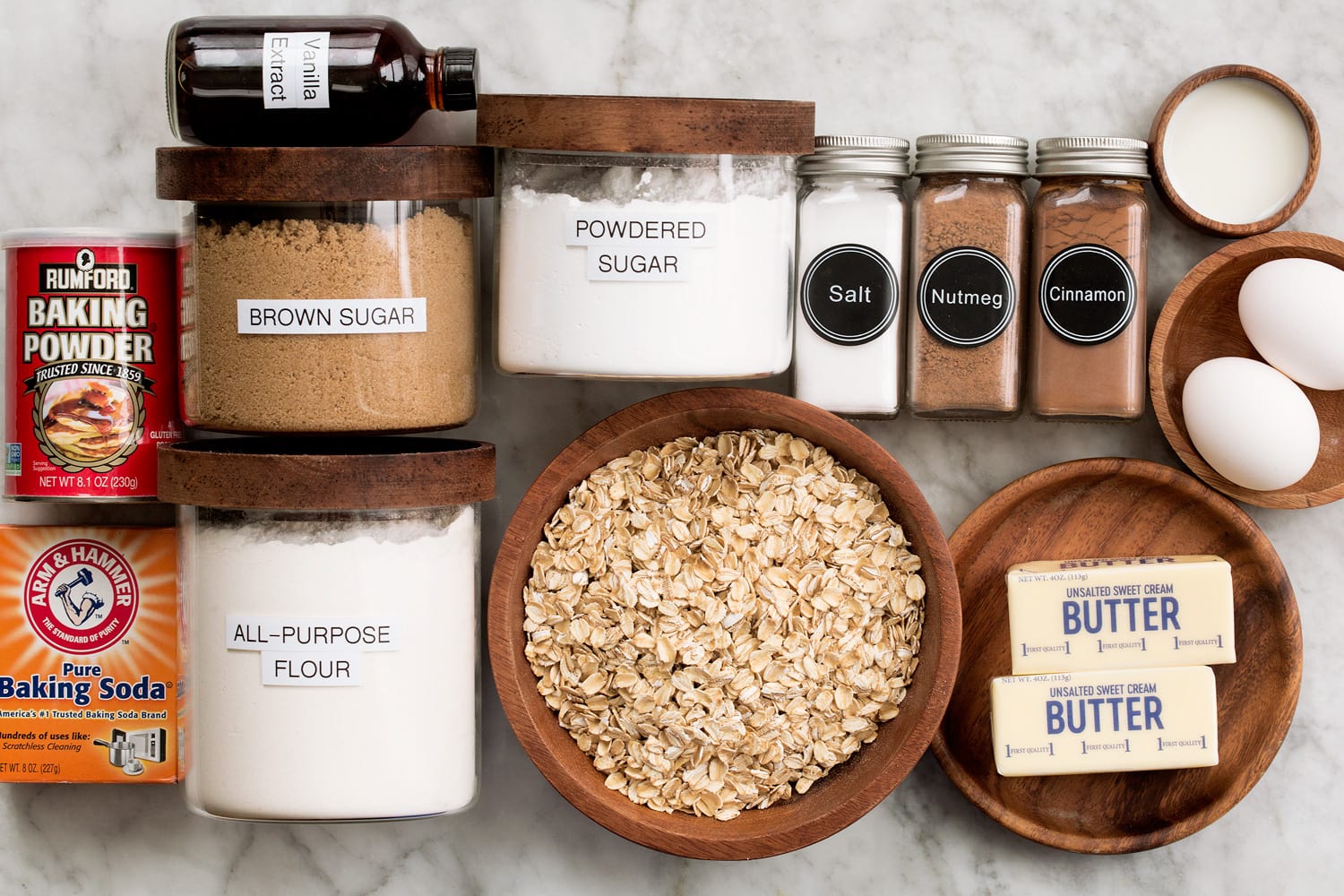Ingredients used to make homemade iced oatmeal cookies.