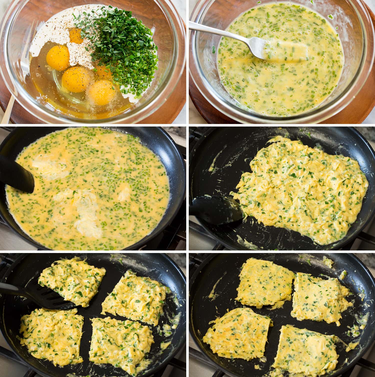 Breakfast Sandwiches Scrambled eggs in a skillet.