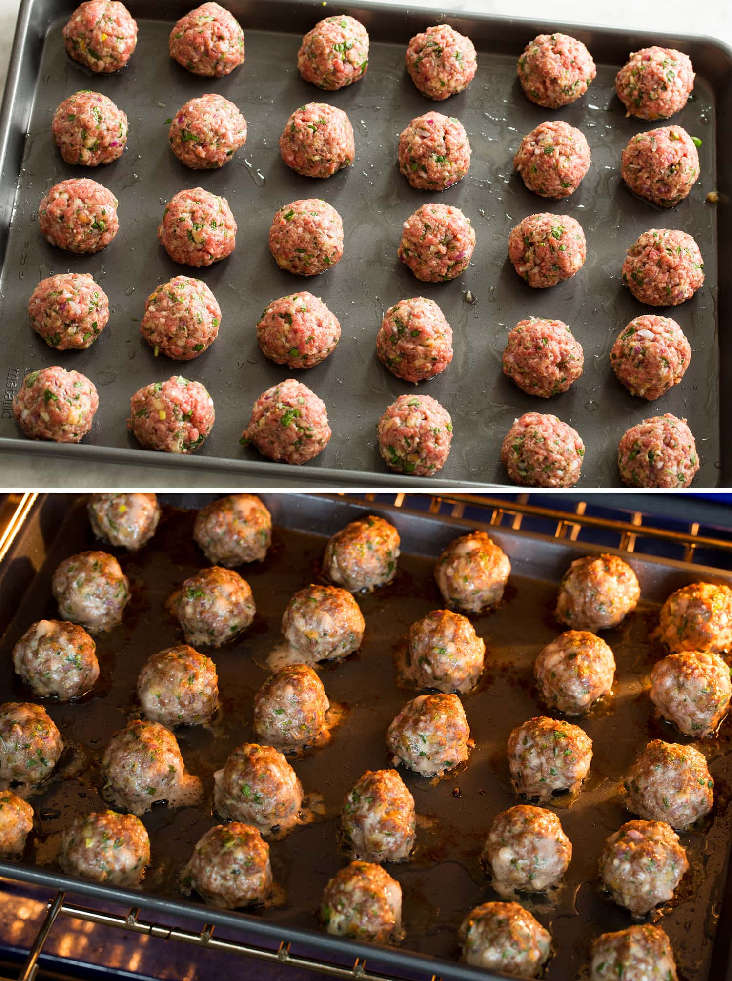 Greek Meatballs Keftedes Meatballs on a baking sheet shown formed and also after baking.
