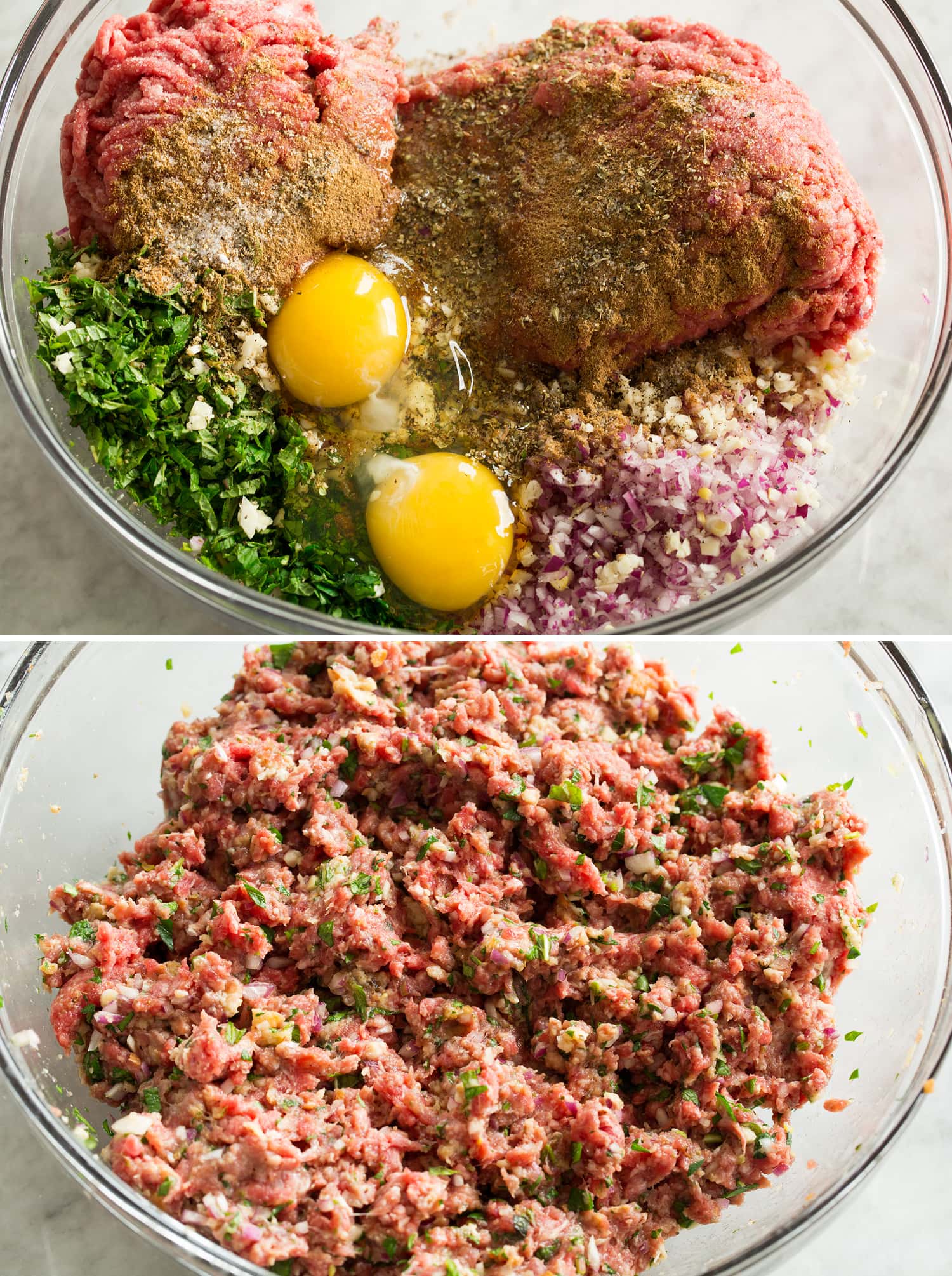 Greek Meatballs Keftedes Keftedes meatball mixture before and after mixing.