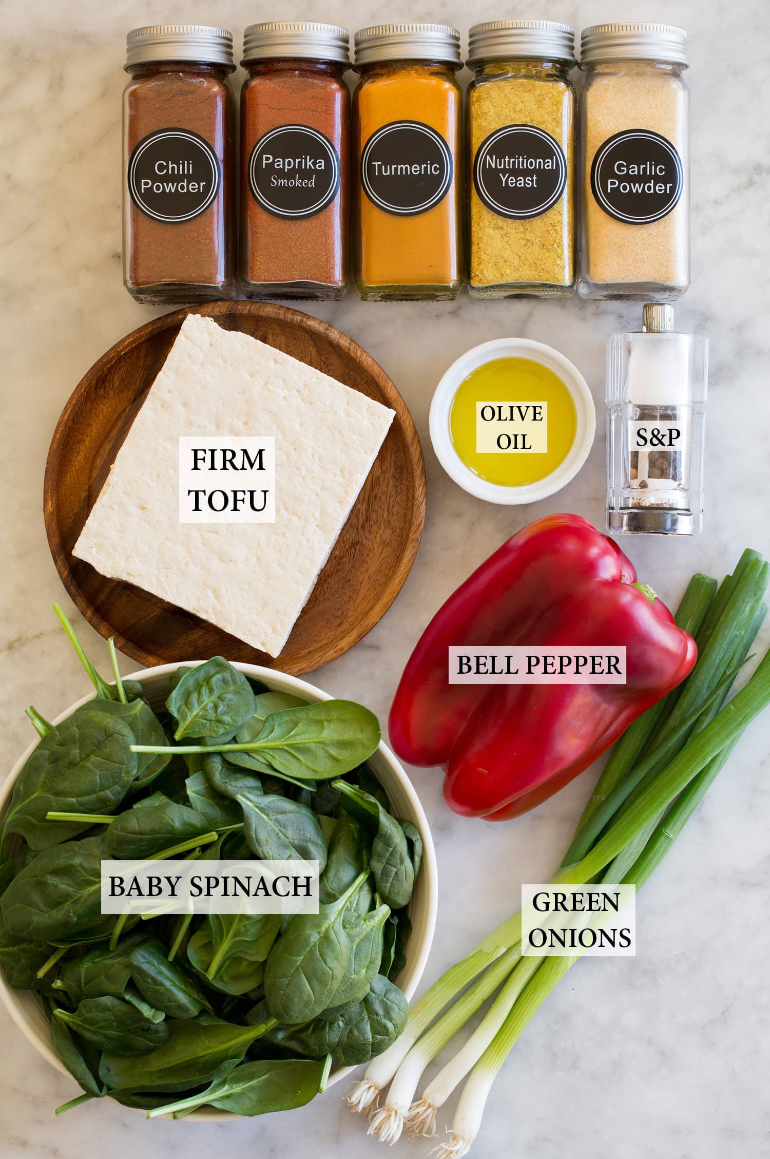 Tofu Scramble Ingredients needed to make tofu scramble, aka vegan eggs.