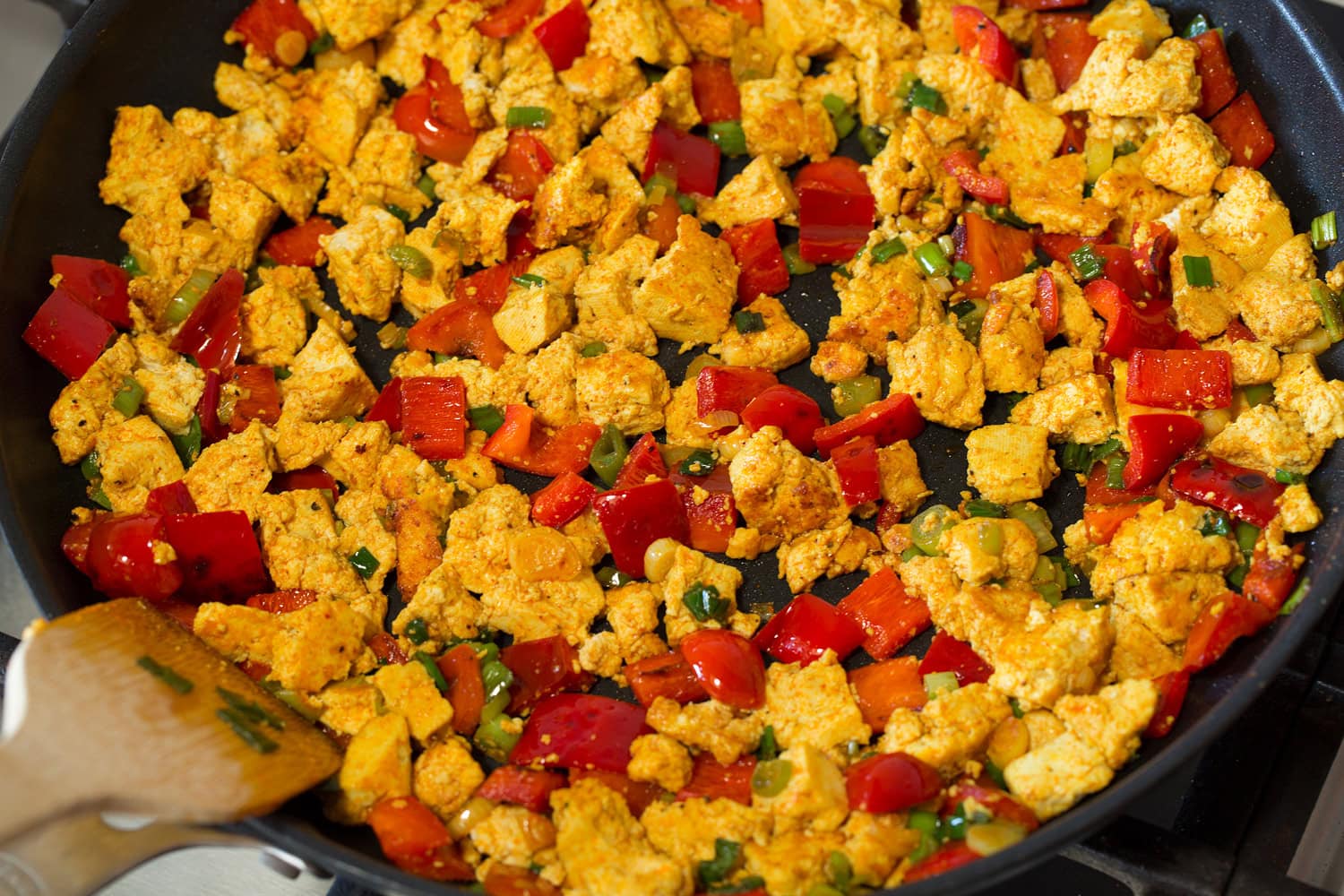 Tofu Scramble Tossed cooked tofu mixture.
