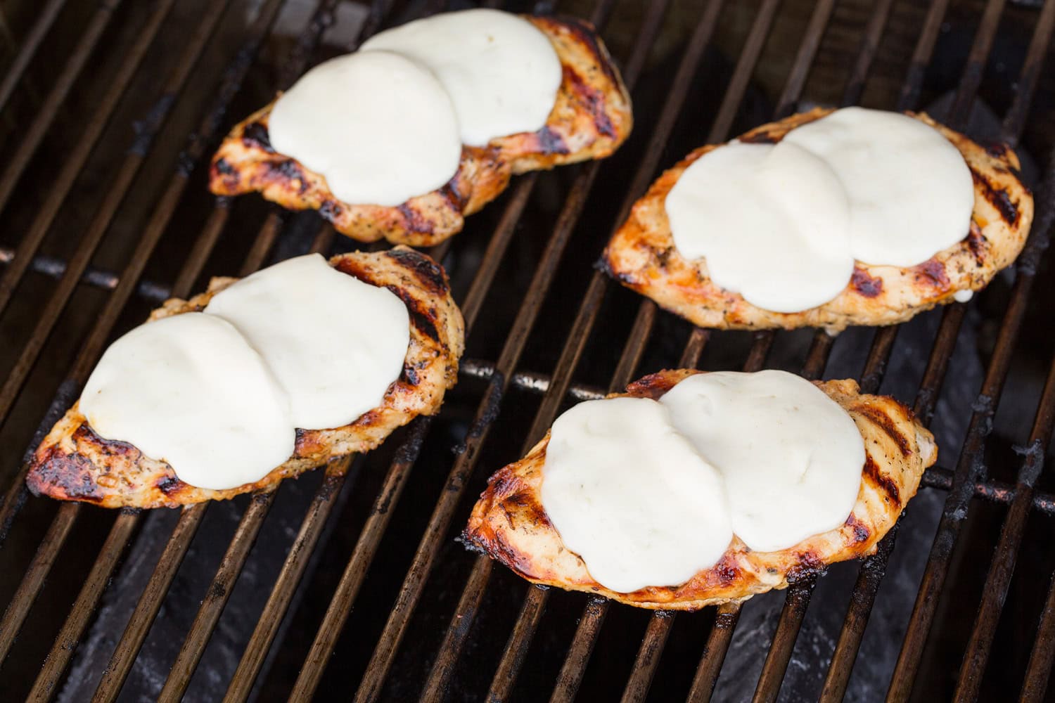 Grilled Chicken Margherita Mozzarella cheese melted over chicken breasts on grill.