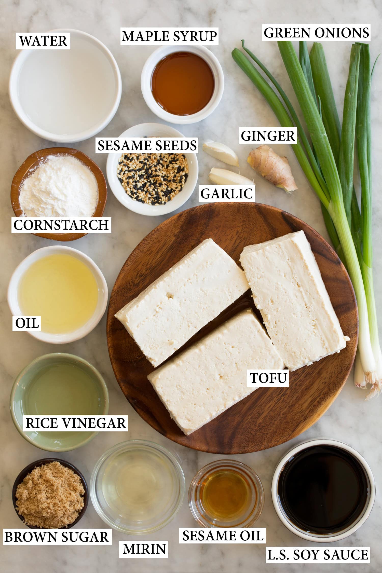 Ingredients used to make vegan teriyaki tofu.