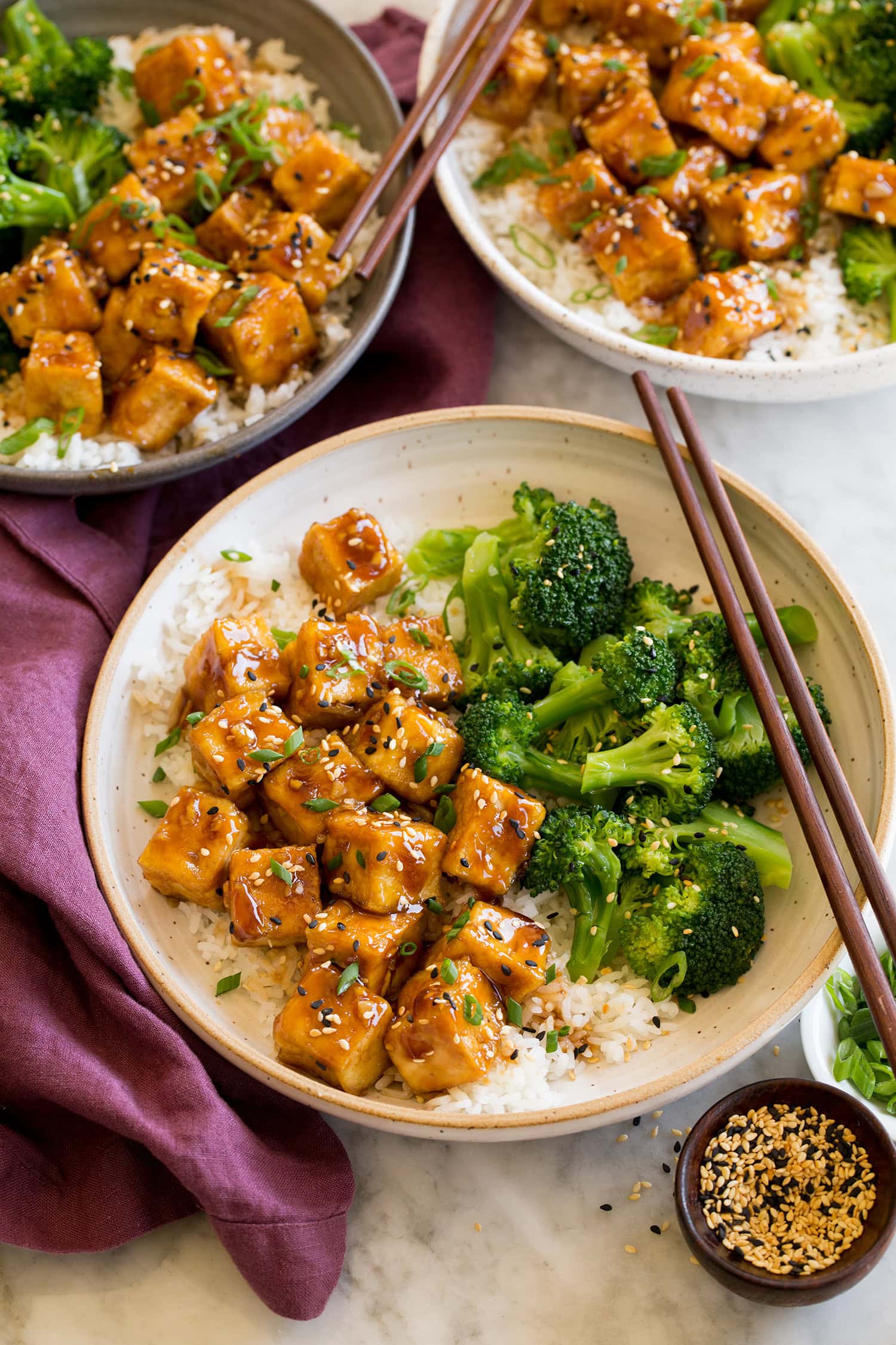 Vegan teriyaki tofu and broccoli with rice.