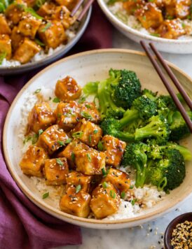 Vegan teriyaki tofu and broccoli with rice.