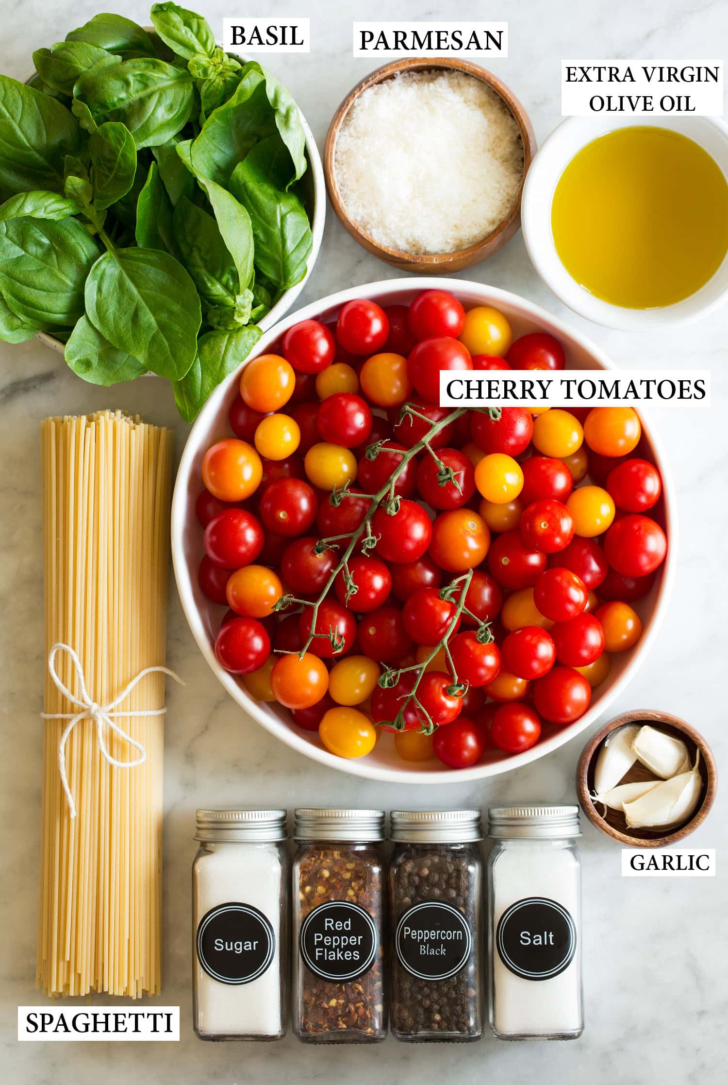 Cherry Tomato Pasta Ingredients needed to make cherry tomato pasta.