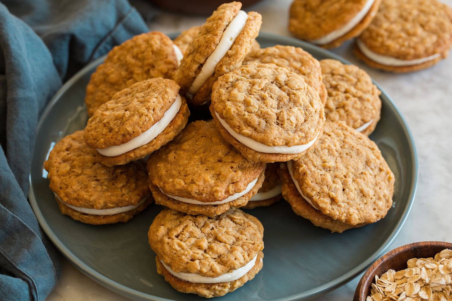 Oatmeal Cream Pies Completed oatmeal cream pies sandwiched together with cream filling.