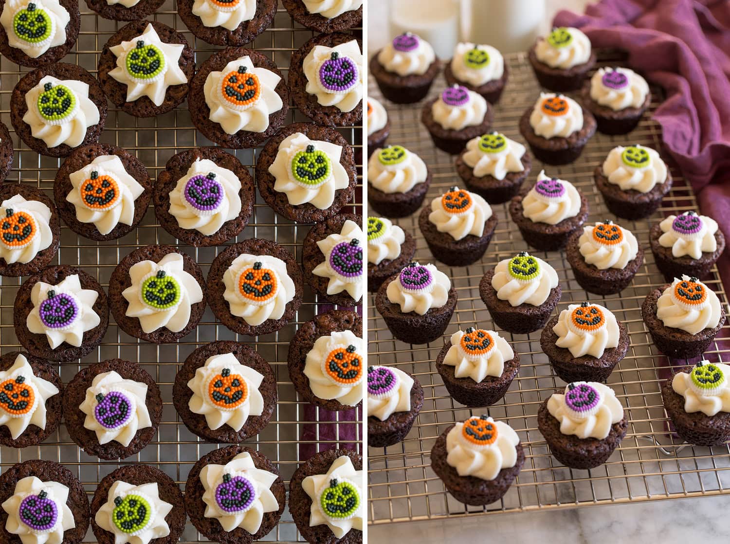 Halloween Brownie Bites Halloween dessert idea, brownie bites decorated with frosting and pumpkin candy decorations.