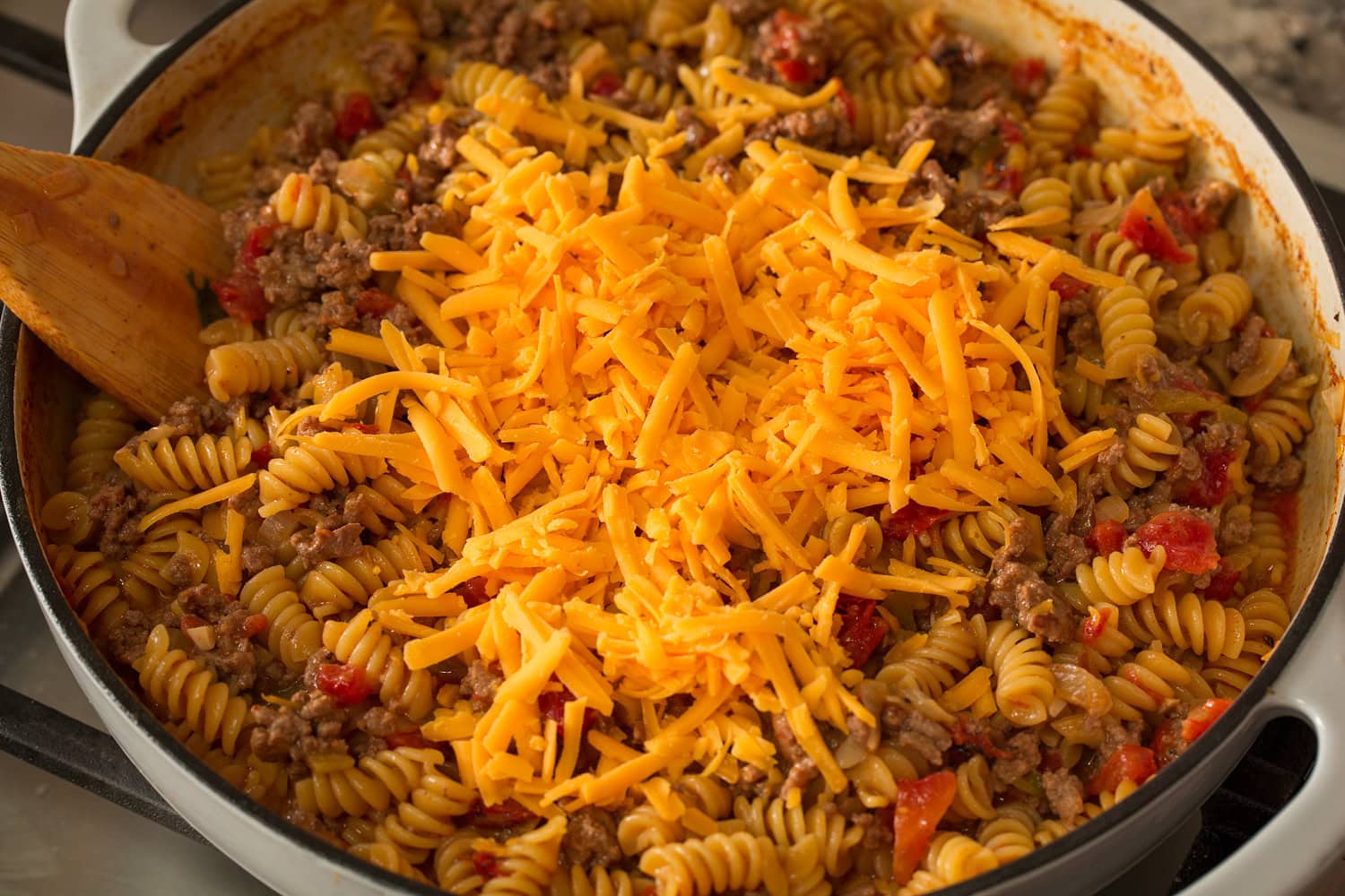 Taco Pasta Cheese added to taco pasta.