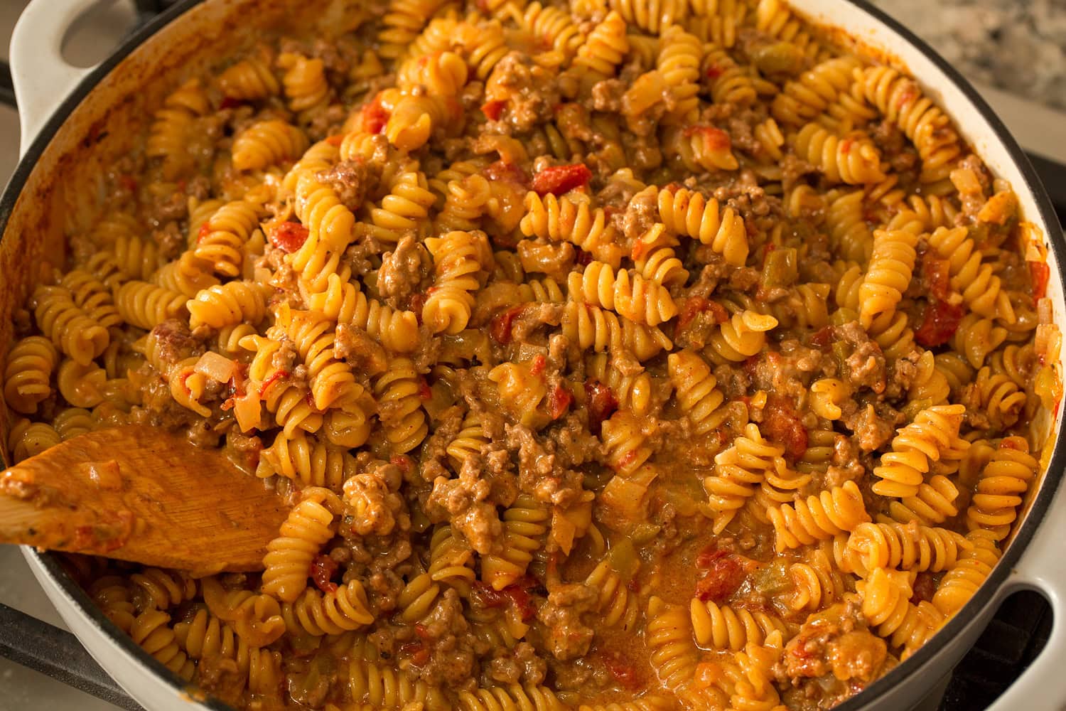 Taco Pasta Completed taco pasta pan.