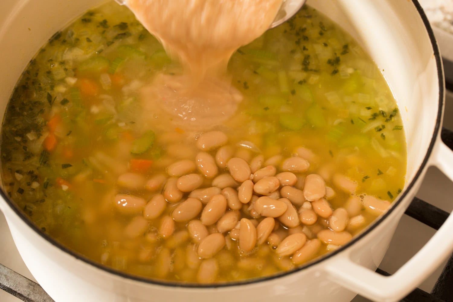 White Bean and Kale Soup Whole white beans and bean puree added to soup.