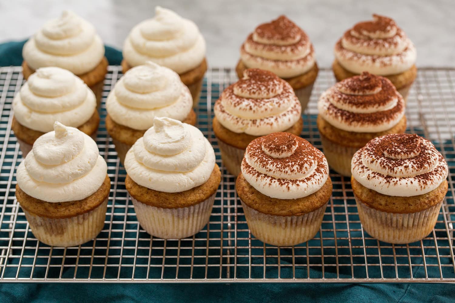 Tiramisu Cupcakes Completed tiramisu cupcakes with espresso cake and mascarpone frosting.