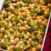 Sheet pan gnocchi with Italian sausage and broccoli.
