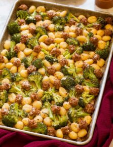 Sheet pan gnocchi with Italian sausage and broccoli.