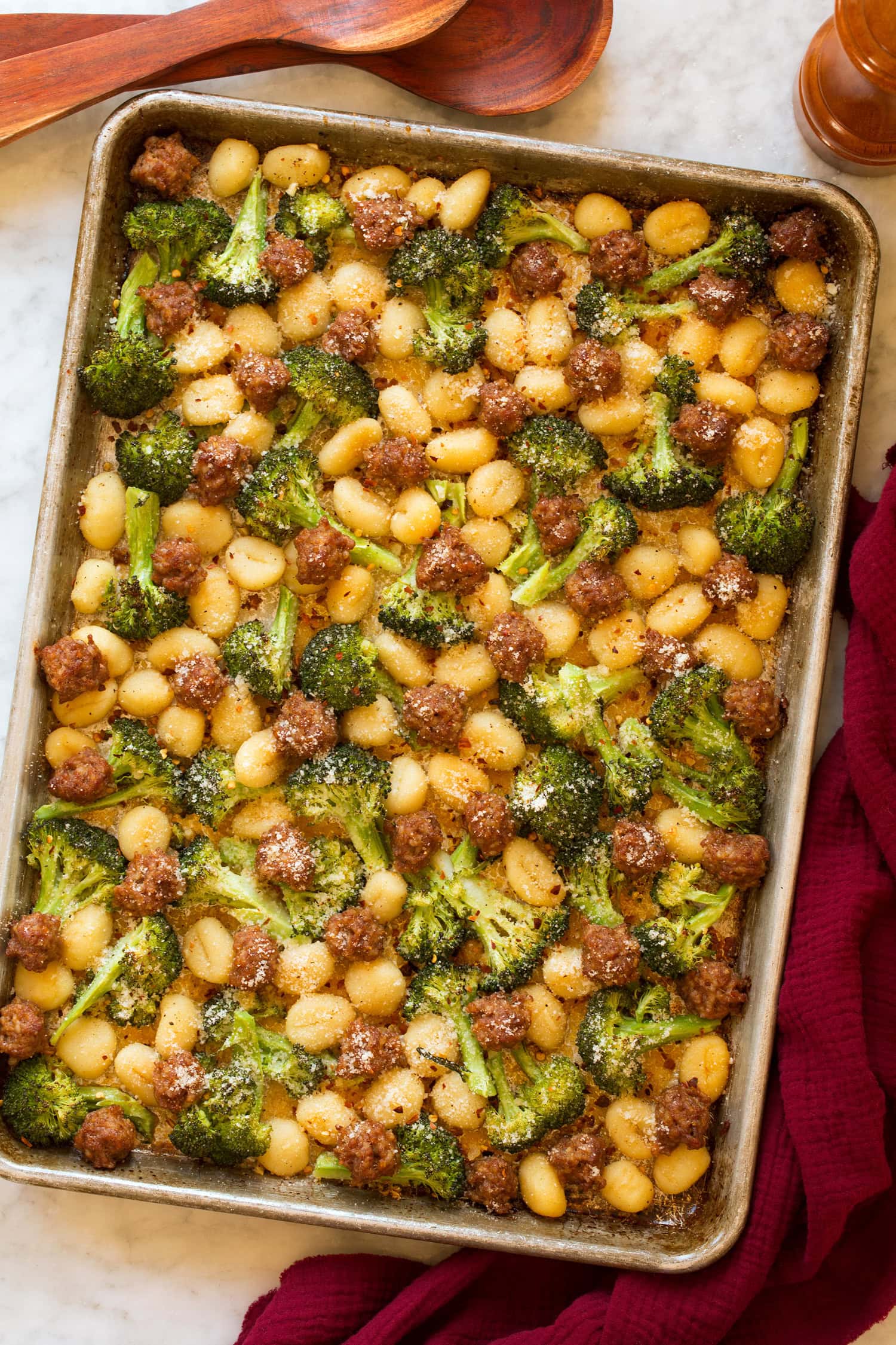 Overhead photo of sausage gnocchi sheet pan dinner.