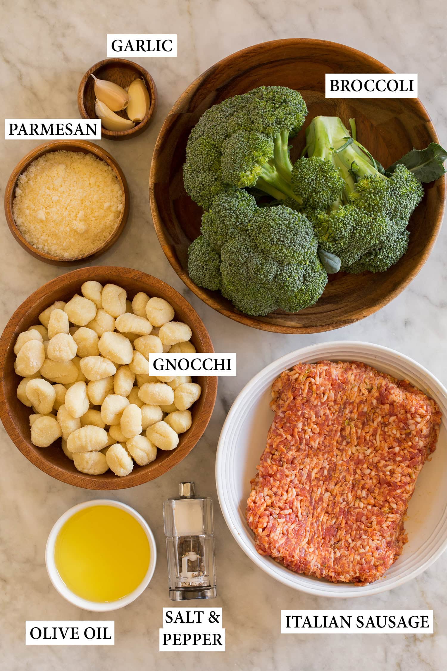 Ingredients needed for sheet pan gnocchi, sausage and broccoli.