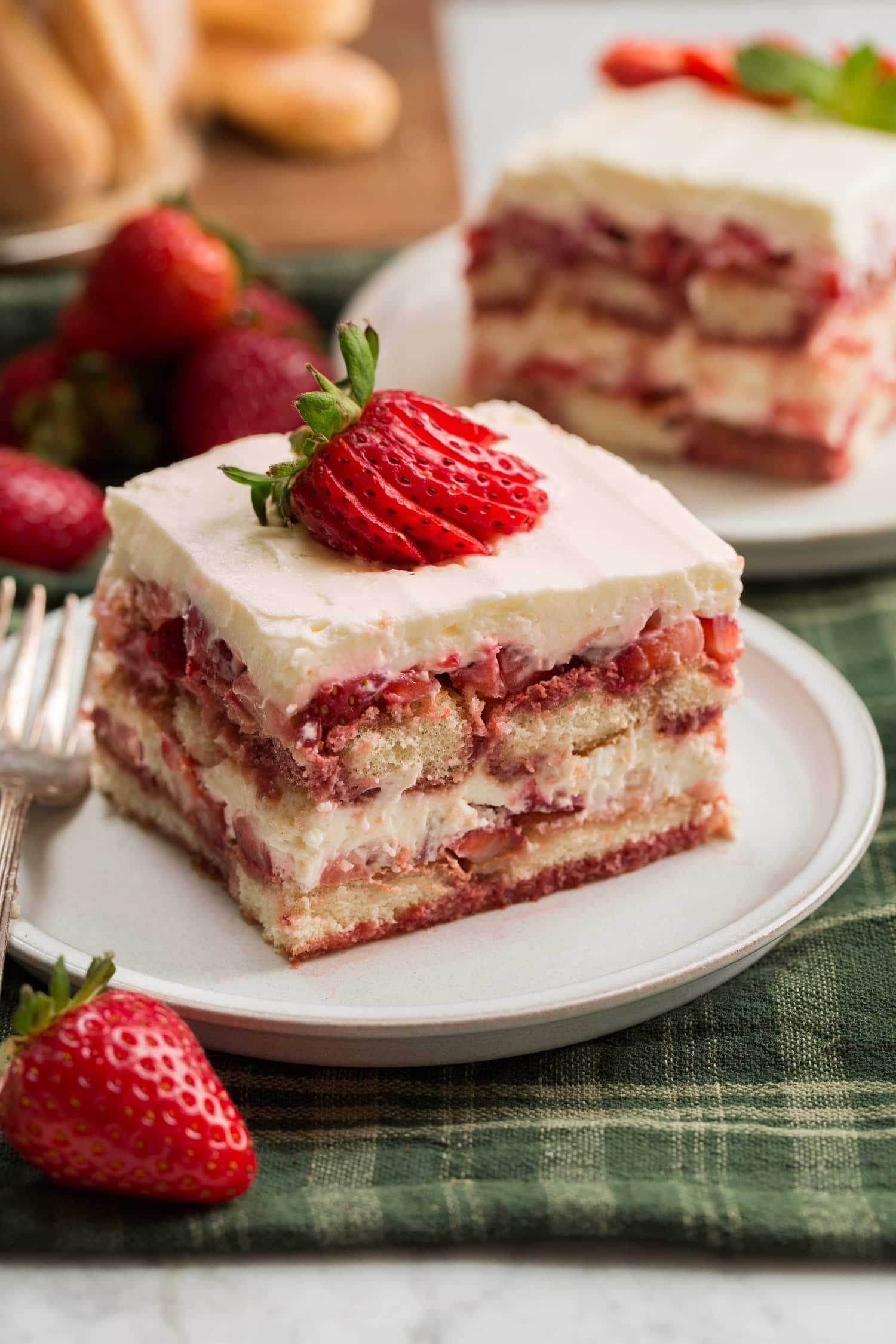 Slice of strawberry tiramisu.