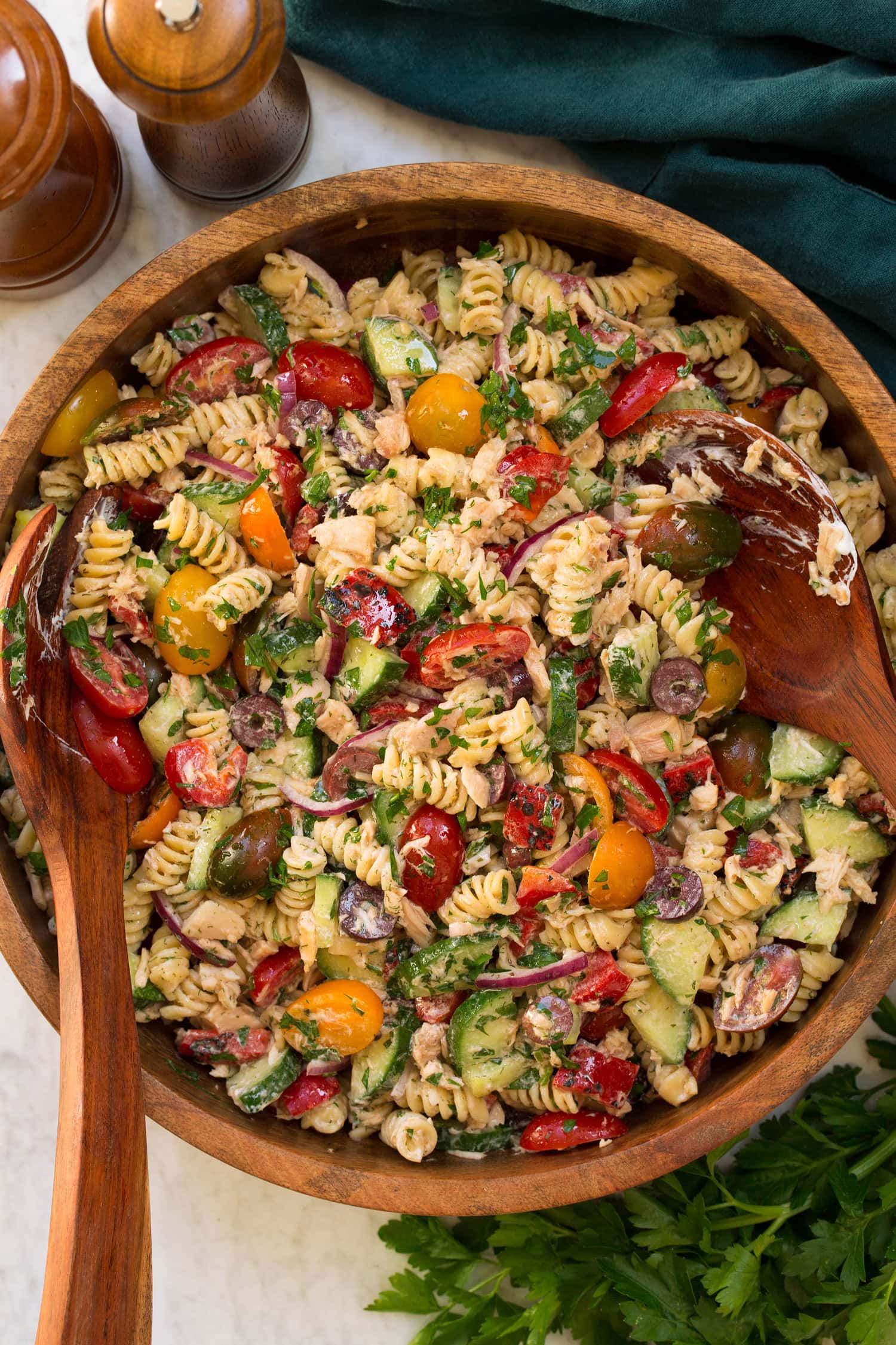 Tuna Pasta Salad Tuna pasta salad shown overhead.