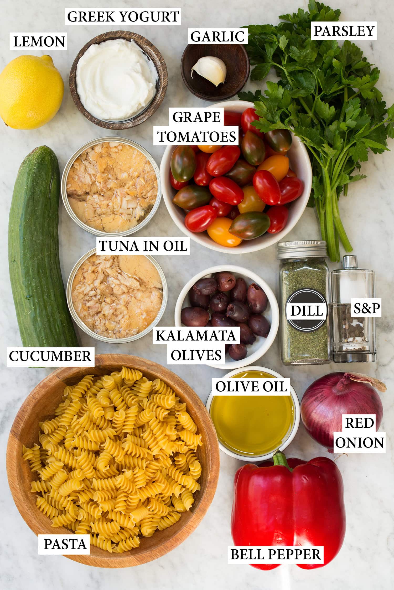 Tuna Pasta Salad Ingredients needed to make tuna pasta salad.
