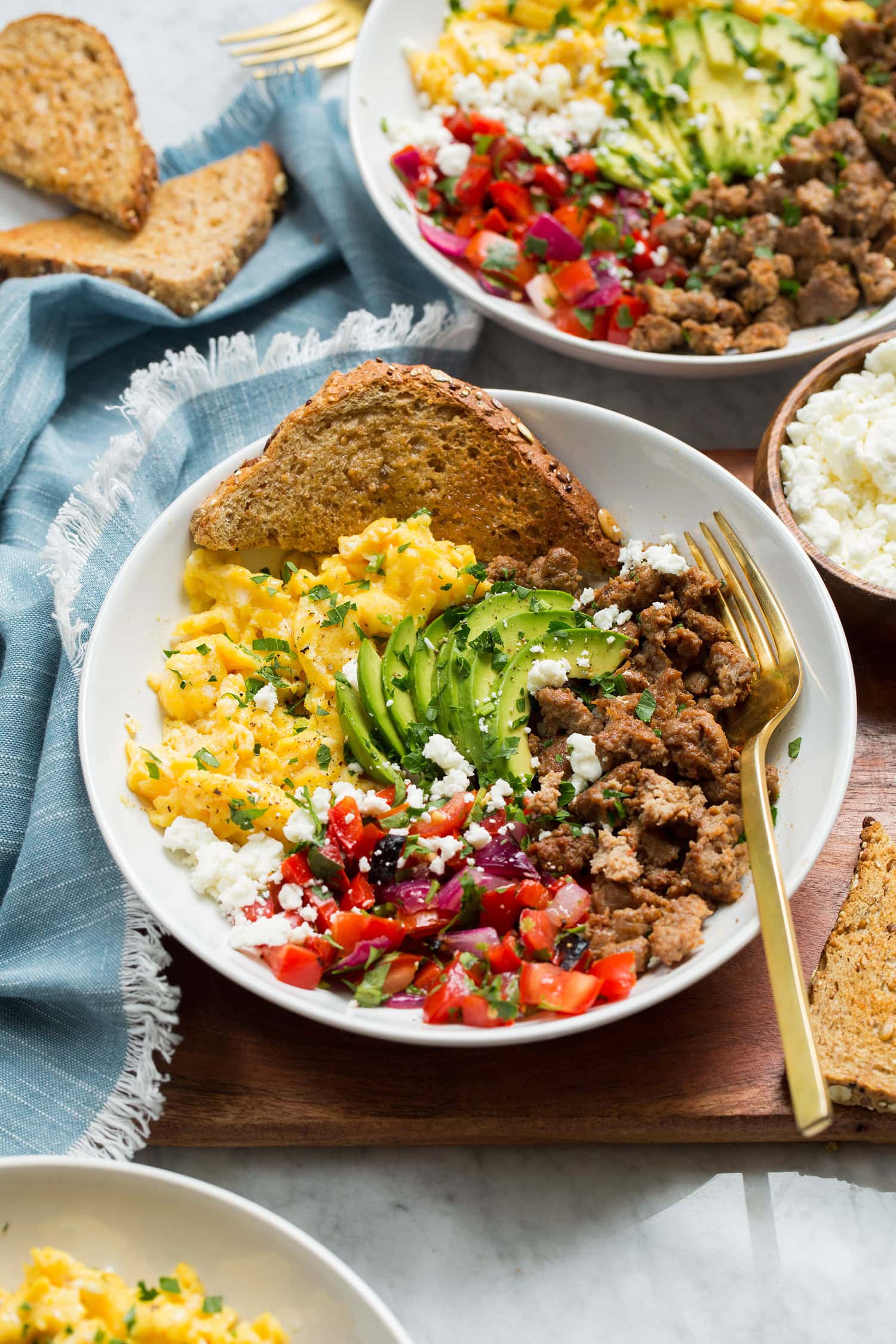 Breakfast bowl served with toast.