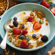 Homemade yogurt with fresh berries, granola and honey in a teal bowl over a blue cloth.
