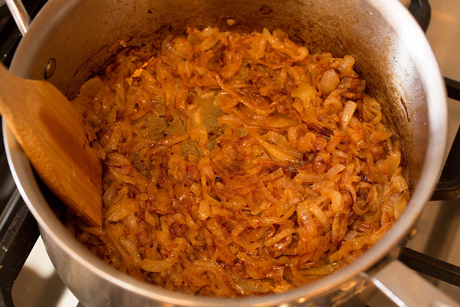 French Onion Chicken Onions in a saucepan shown after caramelizing.
