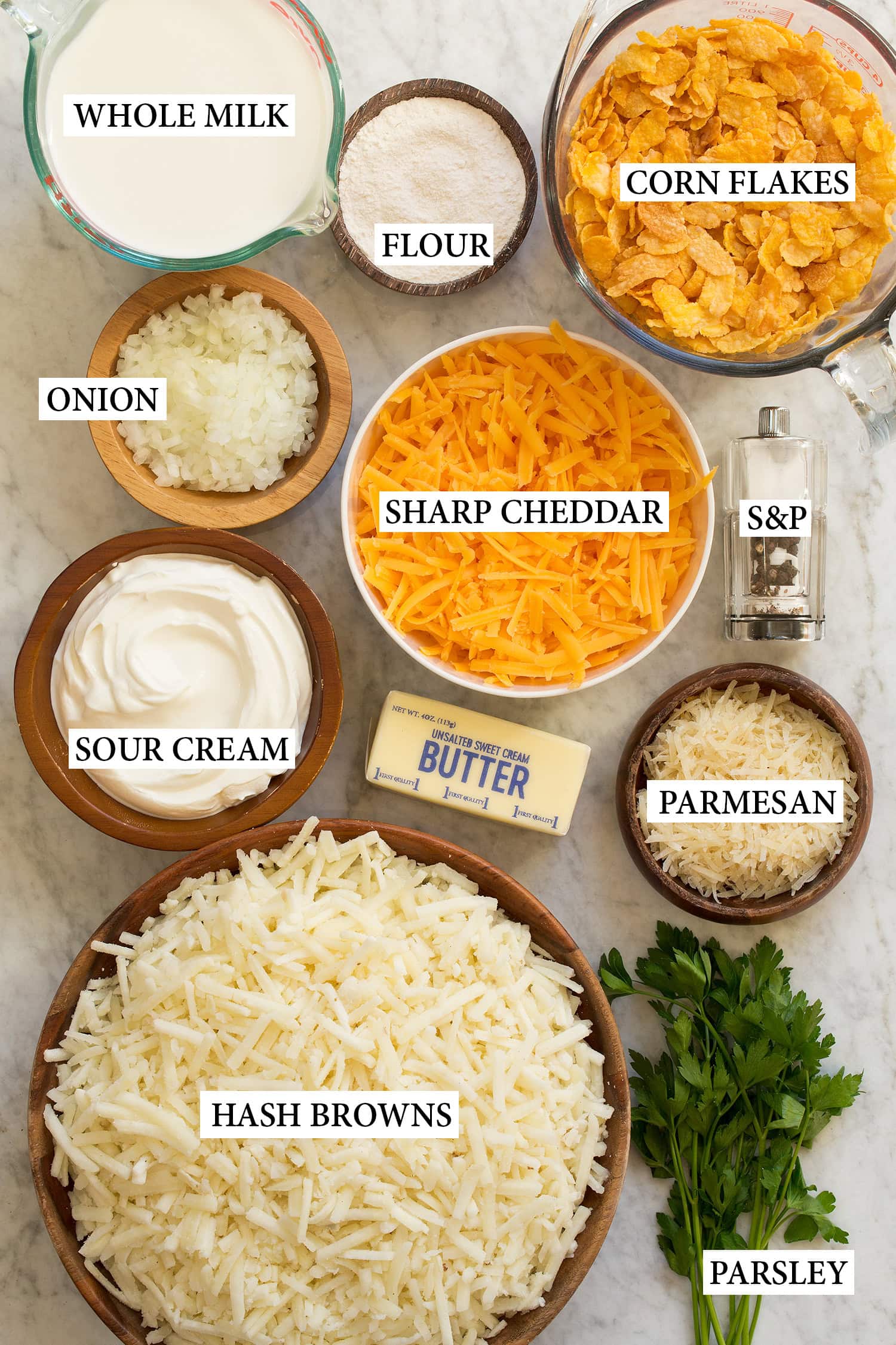 Ingredients used to make funeral potatoes.
