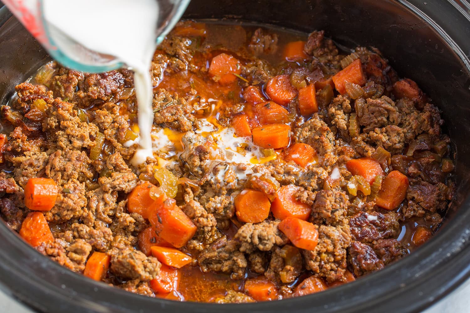 Slow Cooker Ground Beef Stew Tapioca starch slurry added to slow cooker after cooking to thicken.